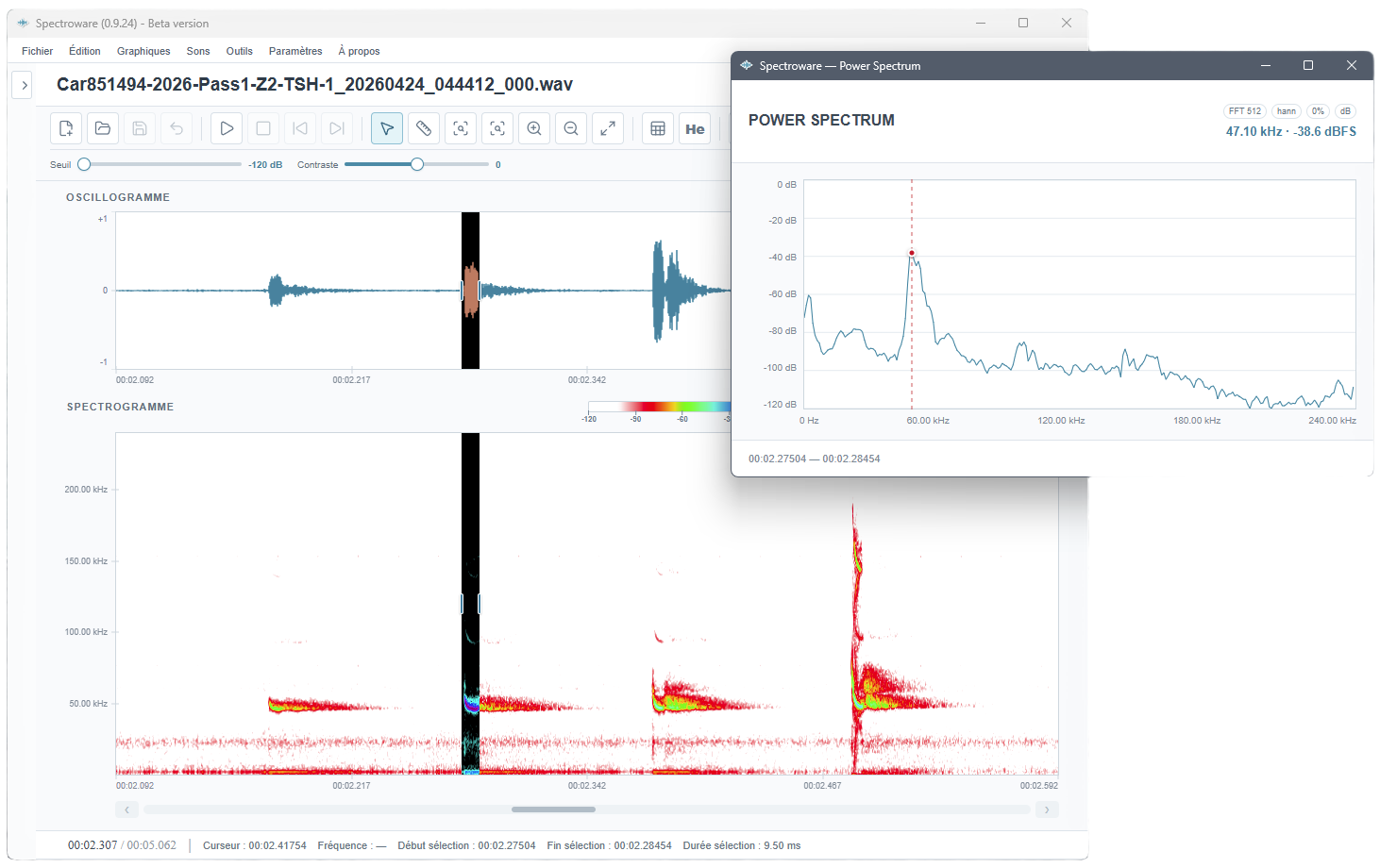 Capture de Spectroware utilisée pour visualiser et analyser des signaux bioacoustiques